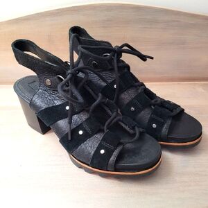 Sorel Womens Addington Black Leather Lace up Studded Heeled Sandals Size 7 Black